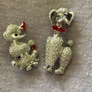 Silver Poodle Brooch Set with Red Accents